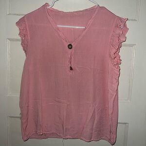 Pink Ruffle Sleeve V-Neck Top